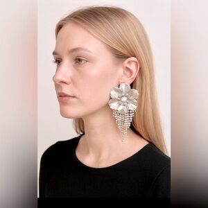 Bold Silver Tone Metal Floral Statement Earrings with Rhinestones